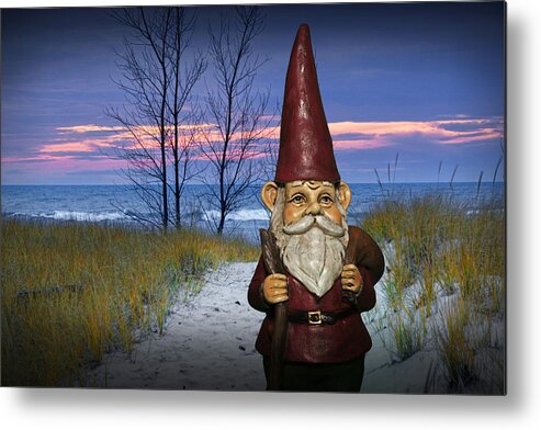 Art Metal Print featuring the photograph Garden Gnome at the Beach at Sunset by Randall Nyhof
