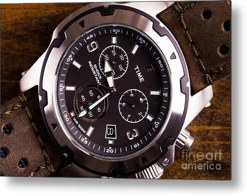 Watch Metal Print featuring the photograph Gents analogue watch close up by Simon Bratt