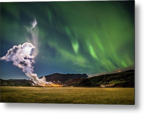 Scenics Metal Print featuring the photograph Geothermal Steam And Aurora Borealis by Arctic-images