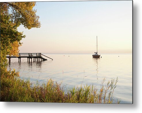 Grass Metal Print featuring the photograph Germany, Bavaria, Sailing Boat On Lake by Westend61