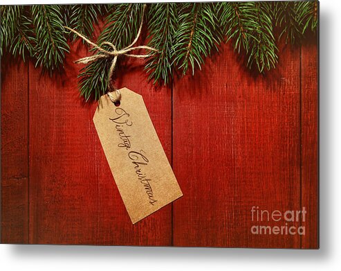 Gift Metal Print featuring the photograph Gift tag on red wood background by Sandra Cunningham