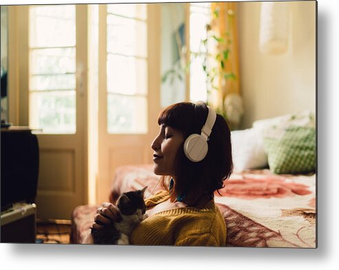 Pets Metal Print featuring the photograph Girl spending the weekend at home by Martin-dm