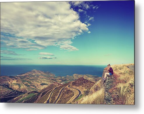 People Metal Print featuring the photograph Girl Taking Images Of Coastline With by Elisabeth Schmitt