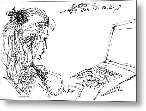 Girl With Laptop Metal Print featuring the drawing Girl With Laptop by Ylli Haruni