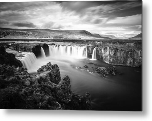 Europe Metal Print featuring the photograph Godafoss waterfall BW by Alexey Stiop