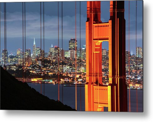 Orange Color Metal Print featuring the photograph Golden Gate Bridge And Cityscape Of San by Chrishepburn