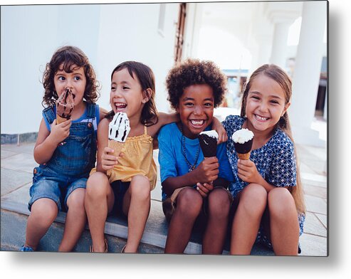 Child Metal Print featuring the photograph Group of cheerful multi-ethnic children eating ice-cream in summer by Wundervisuals