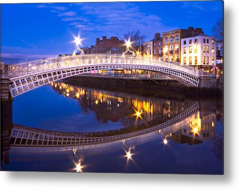 Ha'penny Bridge Metal Print featuring the photograph Ha'penny Bridge Reflection at Night - Dublin by Barry O Carroll