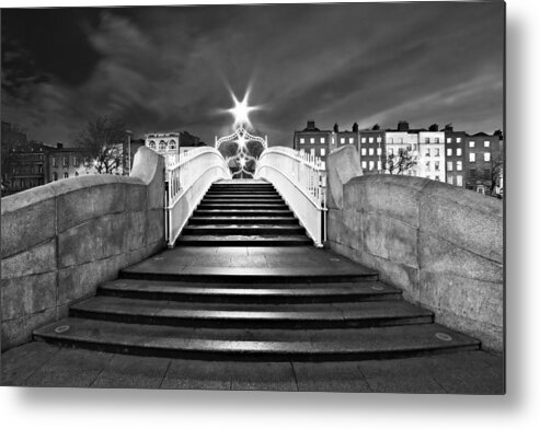 Ha'penny Bridge Metal Print featuring the photograph Ha'penny Bridge Steps at Night - Dublin - Black and White by Barry O Carroll