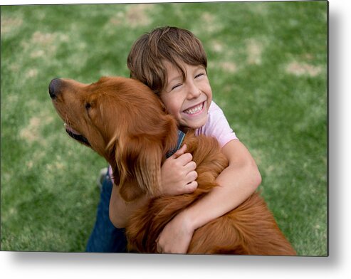 Pets Metal Print featuring the photograph Happy boy with a beautiful dog by Andresr