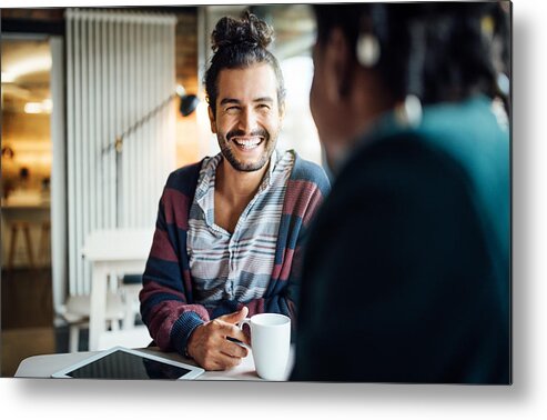 New Business Metal Print featuring the photograph Happy businessman having coffee with colleague by Luis Alvarez