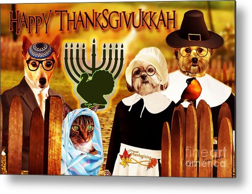 Canine Thanksgiving Metal Print featuring the digital art Happy Thanksgivukkah -5 by Kathy Tarochione