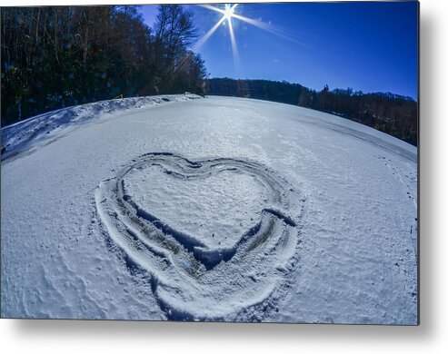 Ice Metal Print featuring the photograph Heart Outlined On Snow On Topw Of Frozen Lake by Alex Grichenko