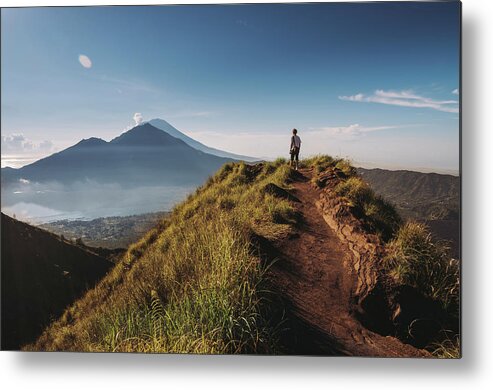 Shadow Metal Print featuring the photograph Hiker Staying On Top Of Mount Batur by Alex Grabchilev / Evgeniya Bakanova