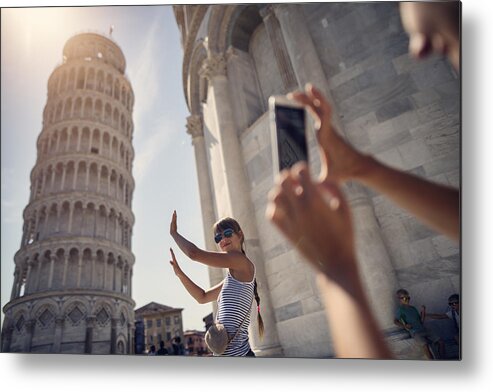 Child Metal Print featuring the photograph holding up photos of the Leaning Tower of Pisa by Imgorthand