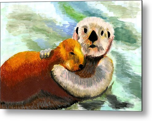 Otter Sea Ocean Water Floating Swimming Mother Baby Wildlife Furry Metal Print featuring the painting Home Sweet Home by Sunhoo Lee Kindergarten by California Coastal Commission