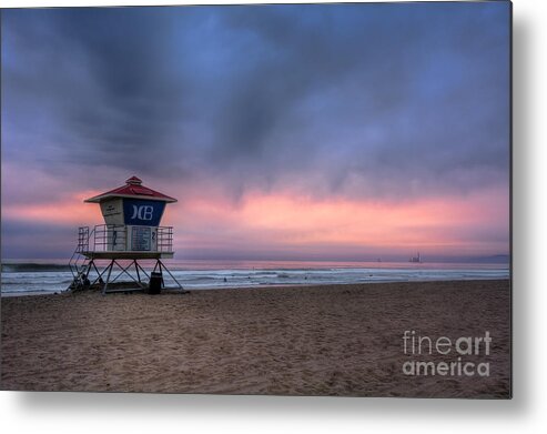 Clouds Metal Print featuring the photograph Huntington Beach Lifeguard Tower by Eddie Yerkish