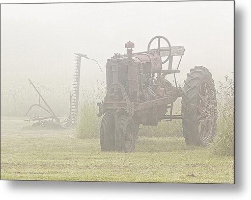 Tractor Metal Print featuring the photograph Idle Tractor in Fog by Marty Saccone