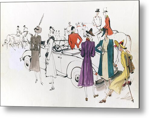 Fashion Metal Print featuring the digital art Illustration Of Models And Equestrian Hunters by Jean Pages