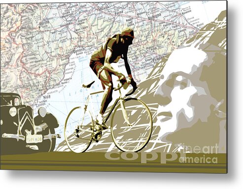 Coppi Vintage Map Cycling Metal Print featuring the digital art Illustration print Giro de Italia Coppi vintage map cycling by Sassan Filsoof