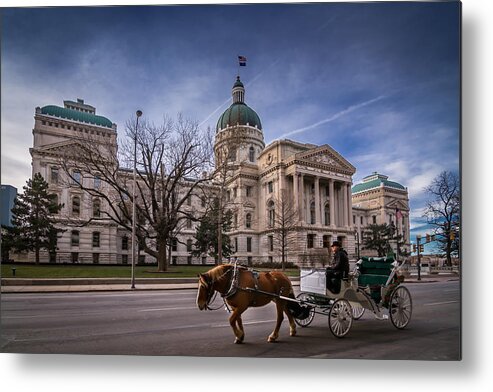 Indiana Metal Print featuring the photograph Indiana Capital Building - Front with Horse Passing by Ron Pate