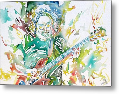 Jerry Metal Print featuring the painting JERRY GARCIA PLAYING the GUITAR watercolor portrait.1 by Fabrizio Cassetta