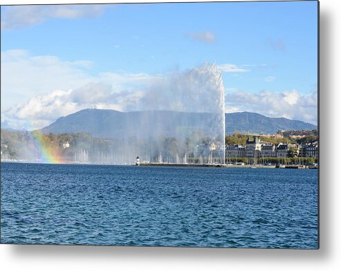 Lake Metal Print featuring the photograph Jet D'Eau fountain in Geneva and Lac Leman by Brandon Bourdages