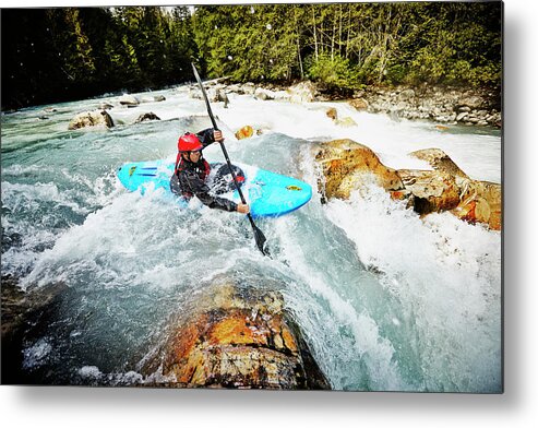 Sports Helmet Metal Print featuring the photograph Kayaker Entering White Water Rapids by Thomas Barwick