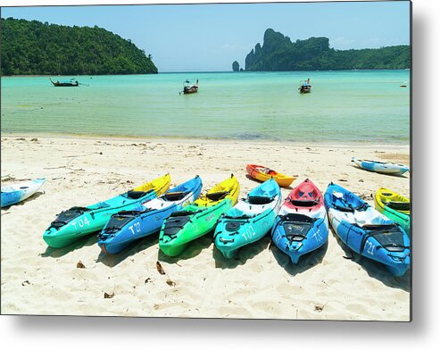 Tranquility Metal Print featuring the photograph Kayaks, Koh Phi Phi, Thailand by John Harper
