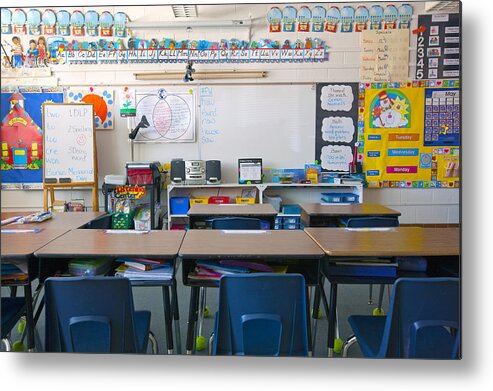 Whiteboard Metal Print featuring the photograph Kindergarten classroom by Mint Images
