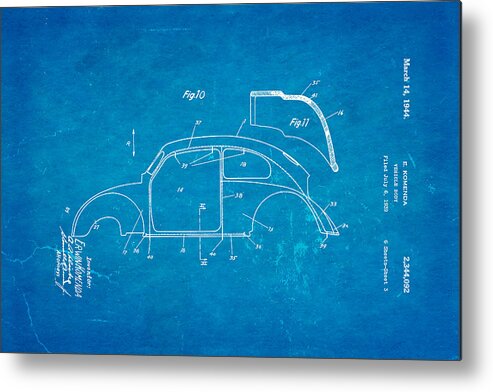 Automotive Metal Print featuring the photograph Komenda VW Beetle Body Design Patent Art 2 1944 Blueprint by Ian Monk