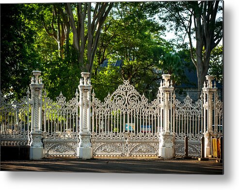 Fence Metal Print featuring the photograph Lacy Gates and Fence of the Pamplemousse Botanical Garden. Mauritius by Jenny Rainbow