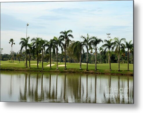 Golf Metal Print featuring the photograph Lake sand traps palm trees and golf course Singapore by Imran Ahmed
