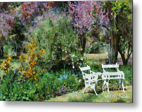 Garden Metal Print featuring the digital art Lawn chairs in the garden by Fran Woods