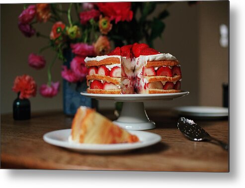Vanilla Metal Print featuring the photograph Layered Strawberry Cake With Background by Katie Baxter