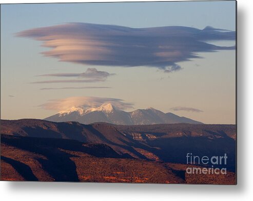 Lenticular Metal Print featuring the photograph Lenticular Cloud hovers over the San Francisco Peaks of Flagstaff Arizona by Ron Chilston