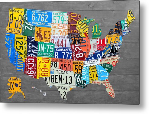 License Plate Map Metal Print featuring the mixed media License Plate Map of The United States on Gray Wood Boards by Design Turnpike