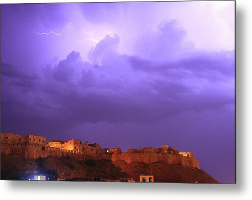 Scenics Metal Print featuring the photograph Lightning Over Jaisalmer Fort by Mark Hollowell