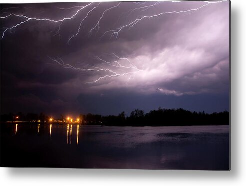 Thunderstorm Metal Print featuring the photograph Lightning Over Lake And Park by Jygallery