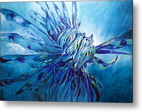 Fish Metal Print featuring the painting Lionfish Abstract Blue by Marcia Baldwin