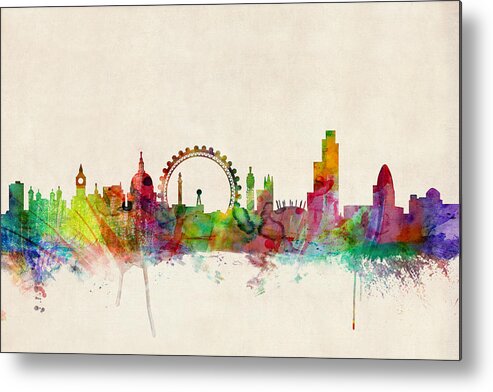 Watercolor Art Print Of The Skyline Of The City Of London Metal Print featuring the digital art London Skyline Panoramic by Michael Tompsett
