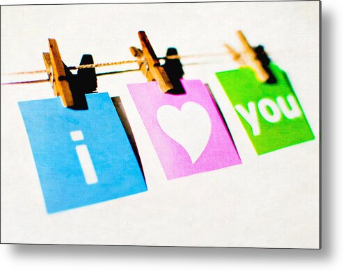 Hanging Metal Print featuring the photograph Love message hung on clothesline by Alexandre FP