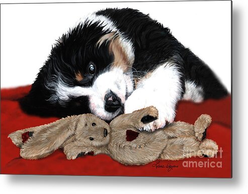 Bernese Mountain Dog Metal Print featuring the painting Lullaby Berner and Bunny by Liane Weyers