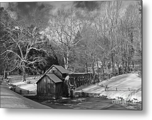 Black And White Metal Print featuring the photograph Mabry Mill in Snow by Randy Rogers