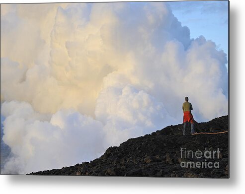 Contemplation Metal Print featuring the photograph Man contemplating clouds of steam on volcano by Sami Sarkis