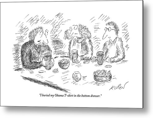 Family Metal Print featuring the drawing Man Talking To Two People At A Table by Edward Koren