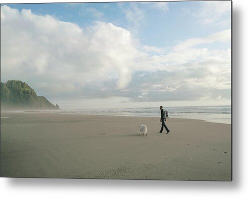 Yachats Metal Print featuring the photograph Man Walking With Dog On Beach by The Open Road Images
