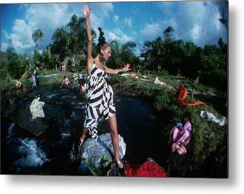 Fashion Metal Print featuring the photograph Marisa Berendson Wearing A Black And White by Arnaud de Rosnay