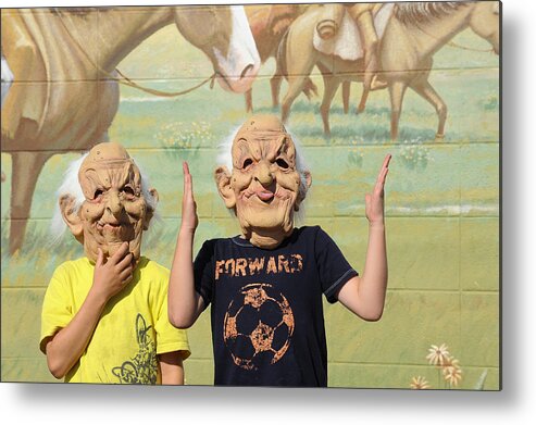 Portrait Metal Print featuring the photograph Masks and Murals in Big Timber Montana by Mary Lee Dereske