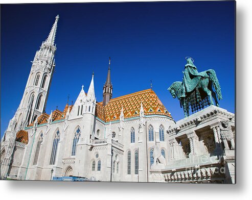 Budapest Metal Print featuring the photograph Matthias Church and statue of Stephen I in Budapest by Michal Bednarek